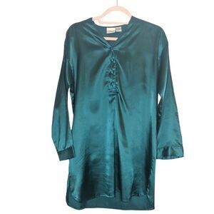 Vintage Romantic Moods Teal Silky Henley V-Neck Long Sleeve Night Shirt
